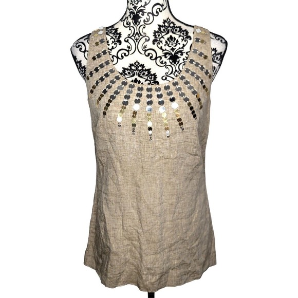 Tory Burch Tops - Tory Burch 100% Linen Size 6 Tan Embellished Sleeveless Blouse Top